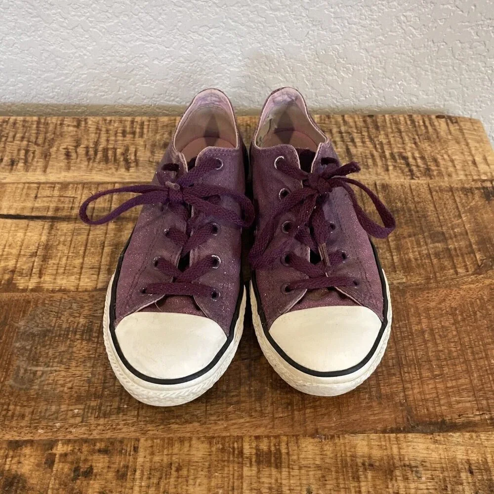 Converse All Star girls Junior Size 3 Low Top Purple Glitter Shoes Double Tongue